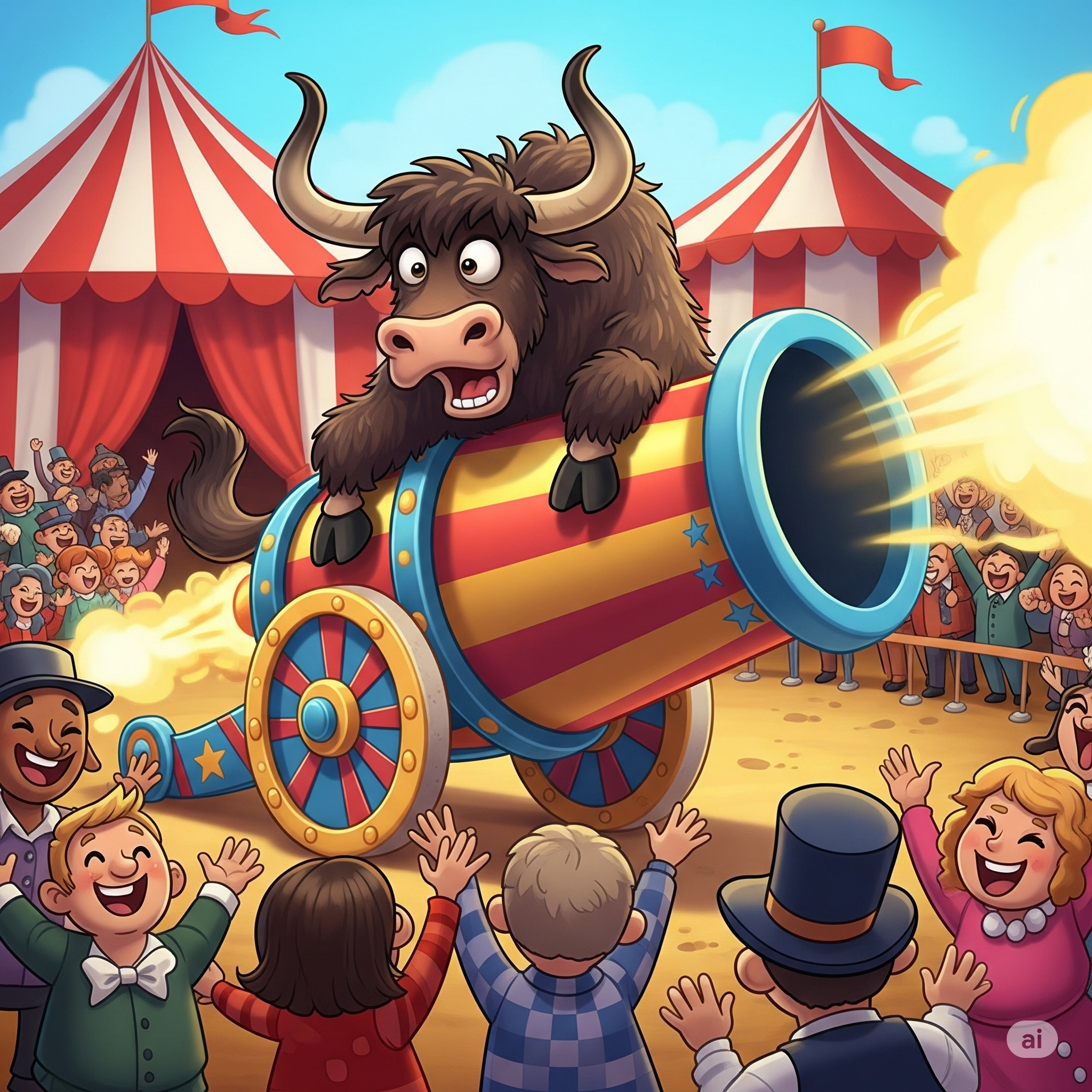 a cartoon yak on a circus cannon